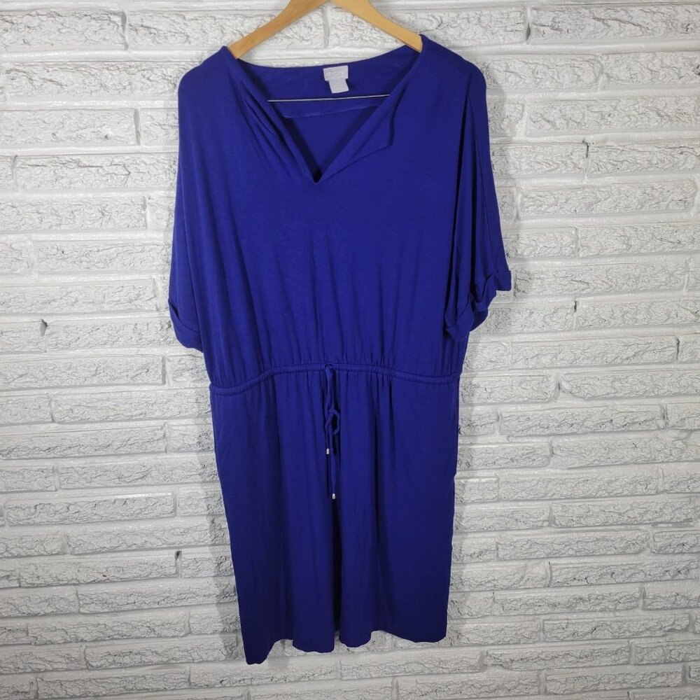 Chicos Womens Shirt Dress XL Blue Solid V Neck Short Sleeve Drawstring SWE142E